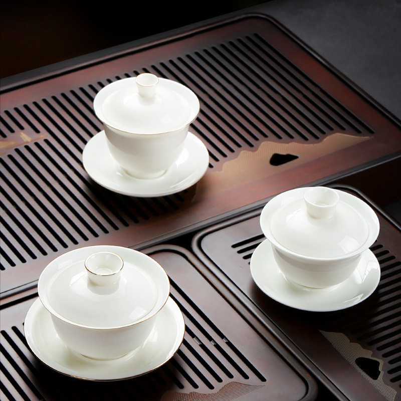 羊脂玉白瓷盖碗茶杯陶瓷单个大号泡茶功夫三才茶碗茶具不烫手
