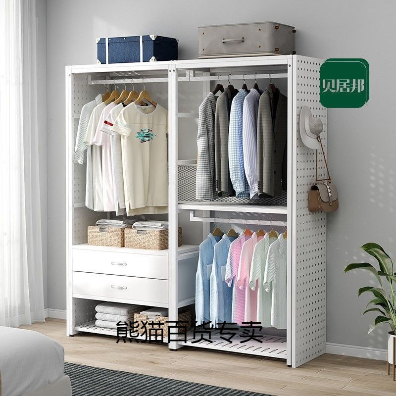 热销%金属衣柜步入式衣帽间架子卧室钢木货架衣柜框架组装铁艺实
