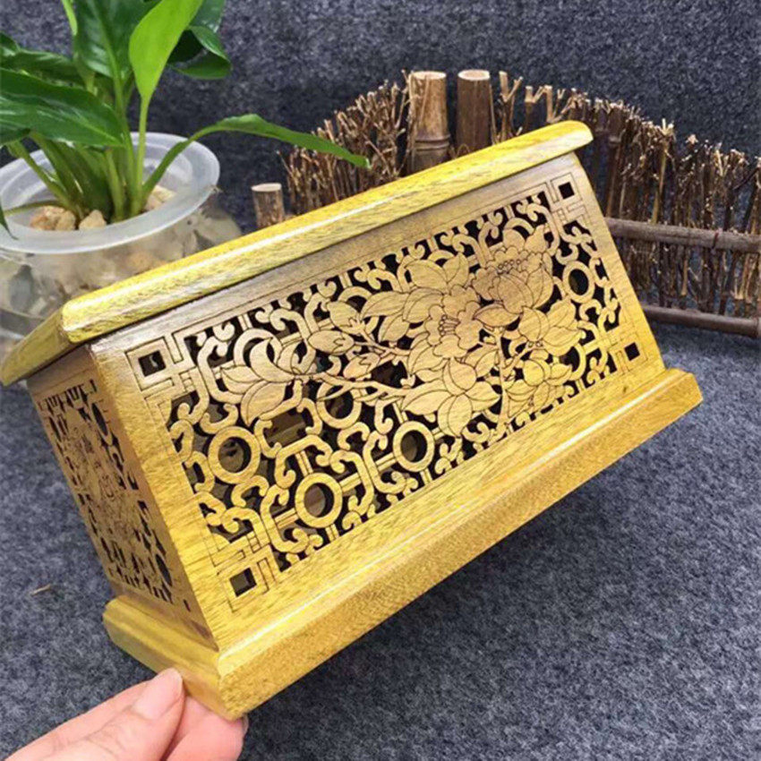 金丝楠木雕镂空荷叶图案木雕纸巾盒 经典制作原木工艺品餐巾盒