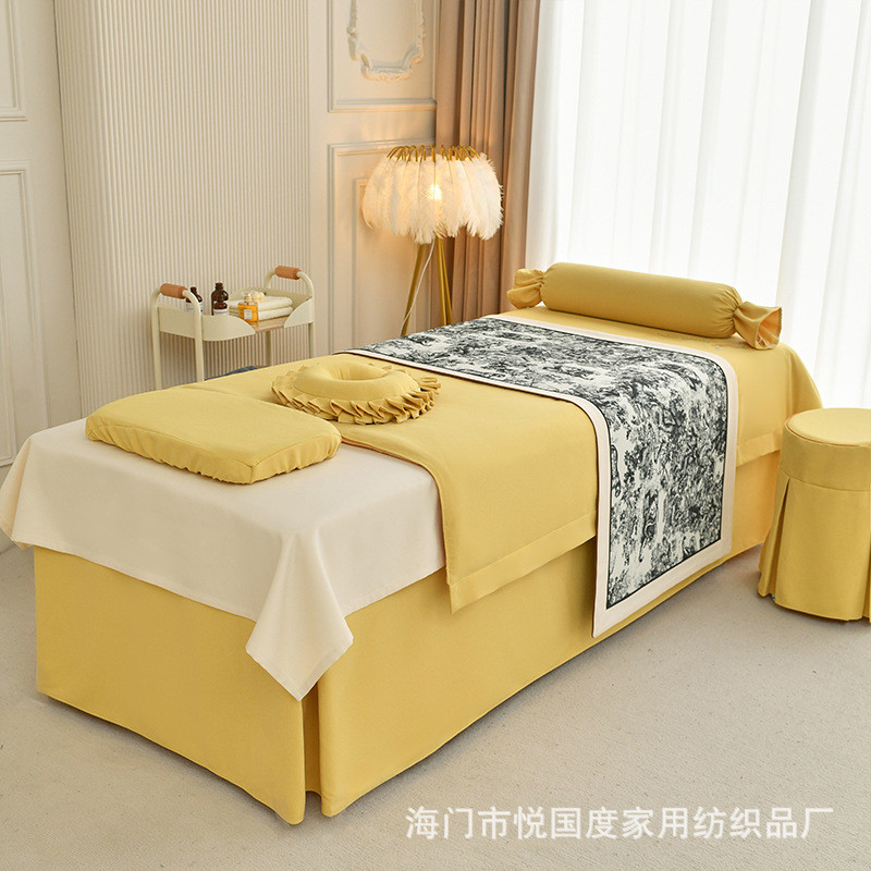 高档美容床罩四件套亲肤棉欧式简约纯色洞床裙床套带按摩四季通用