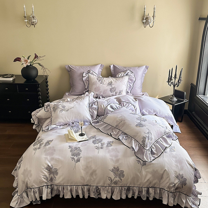 120支长绒棉田园数码印花花四件套卉韩式荷叶边被套床单床上用品