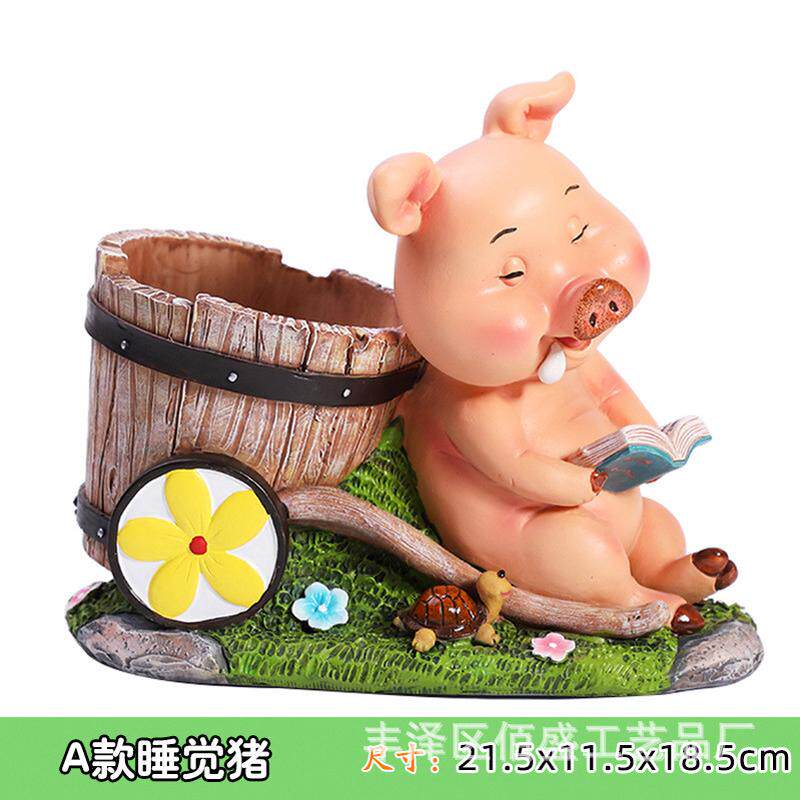 庭院花园装饰办公室可爱小猪花盆创意工艺品摆件桌面收纳树脂笔筒
