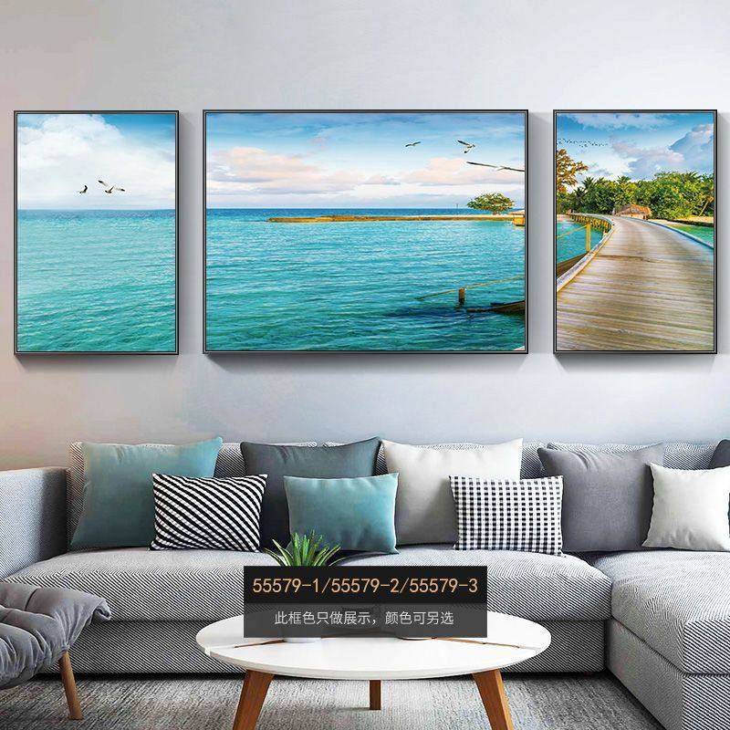 大海客厅挂画沙发背景墙装饰画三联画水晶画中式山水壁画海滩风景,家居饰品,现代装饰画,淘宝优惠券,粉丝福利购,淘宝优惠卷