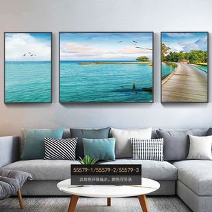 大海客厅挂画沙发背景墙装饰画三联画水晶画中式山水壁画海滩风景