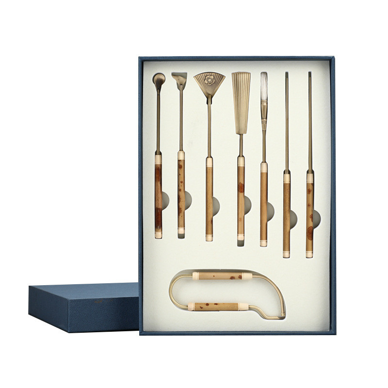 r706x湘妃竹子黄铜香道七件套装/复古色香篆模香印工具器具香勺