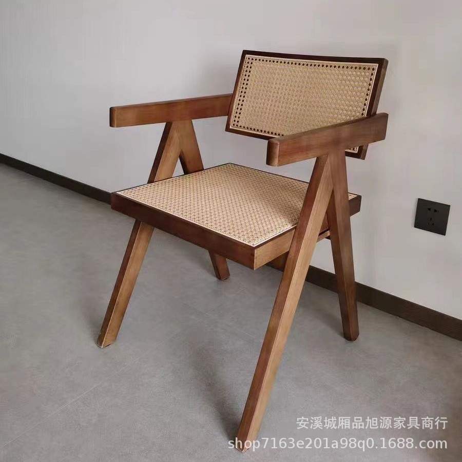 乡村复古风咖啡厅网红民宿酒店创意藤编靠背椅中古实木餐椅休息椅
