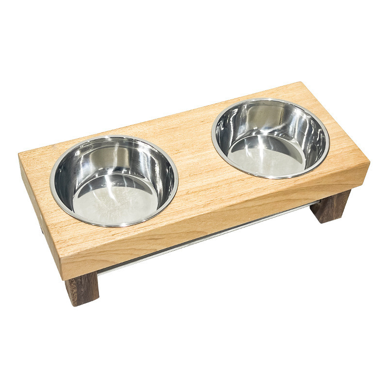 新款猫碗水粮一体宠物碗加高木架不锈钢双碗防打翻高脚饮水碗