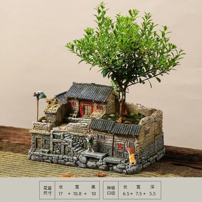 微景观中式创意老房子花盆摆件亮文竹植物盆景室内盆栽灯光可田园