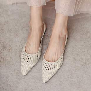 少女平跟尖头软妹鞋 网红仙女风镂空凉鞋 法式 编织包头平底鞋 女韩版