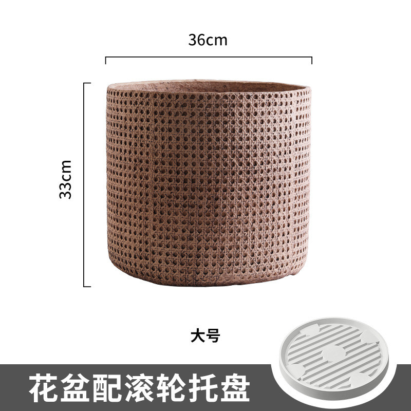 北欧仿竹编大号氧化镁花盆复古怀旧客厅庭院琴叶榕竹篮花盆带托盘