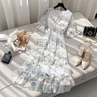 胖mm遮肚显瘦中长雪纺 清新减龄碎花连衣裙女夏季 鹏俪大码 2024新款