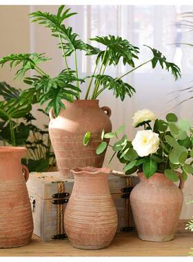 家居手工陶罐粗陶花瓶多肉花盆桌面复古装饰花器土陶插花干花坛子
