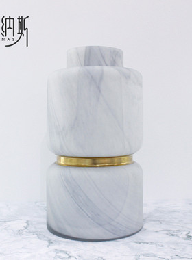 白色磨砂大理石质感直筒铜圈中式插玻璃水墨干花水培植物装饰花瓶