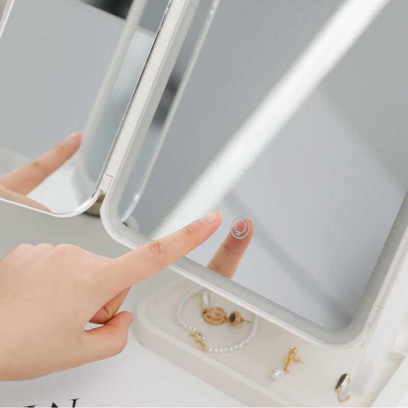 ins台式化妆镜带灯收纳盒一体式可折叠贝壳光镜led灯补镜子梳妆镜