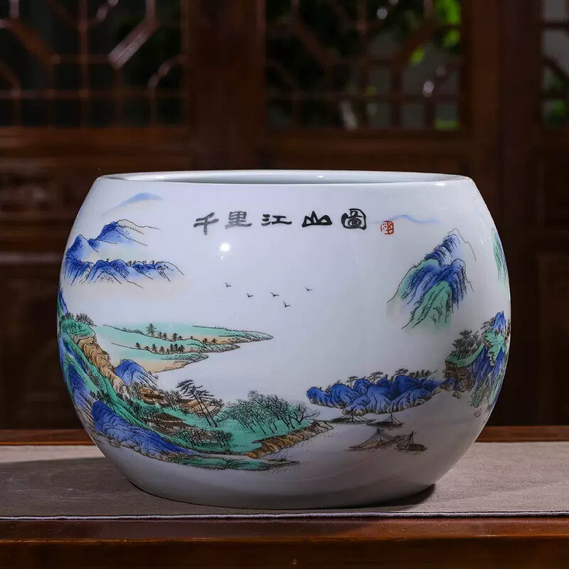 景德镇陶瓷器鸿运当头聚宝盆摆件中式家居饰品玄关客厅养鱼缸储物