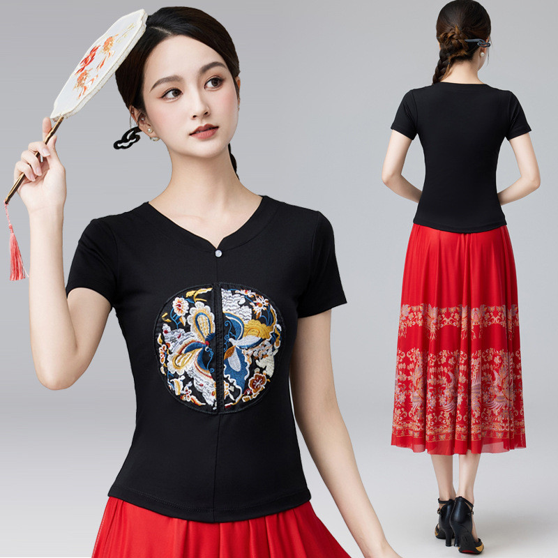 轻奢高货广场舞服装新款套装女春夏民族中国风刺绣棉短袖半身裙跳