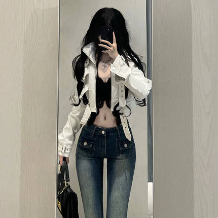 68小众高货美式高街复古酷飒辣妹短款皮衣外套女小众机车风痞帅皮