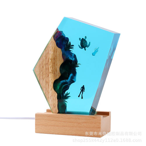 摆件微景观实木树脂灯海洋博物展览海龟潜水员手工制作树脂工艺品