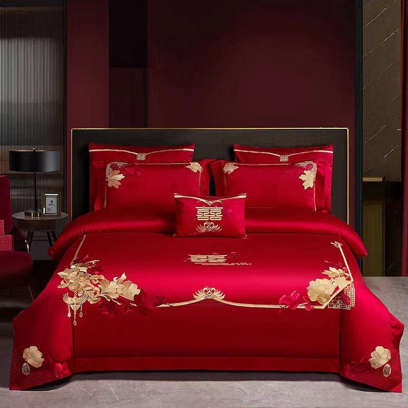 高档中式床单婚庆四件套婚嫁床盖婚床品刺绣大红喜庆结婚新十件套,床上用品,婚庆床品套件,淘宝优惠券,粉丝福利购,淘宝优惠卷