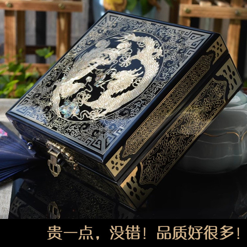 。复古掐丝首饰盒铜丝螺钿贝壳镶嵌梳妆盒钢琴漆面平遥推光漆意赛