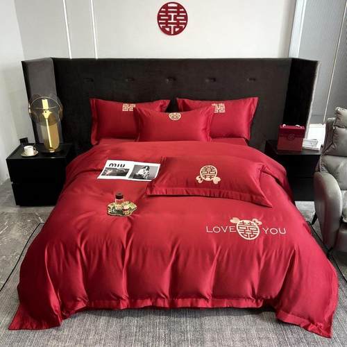 新中式婚庆四件套大红色刺绣被套陪嫁简约结婚床上用品新婚婚房4