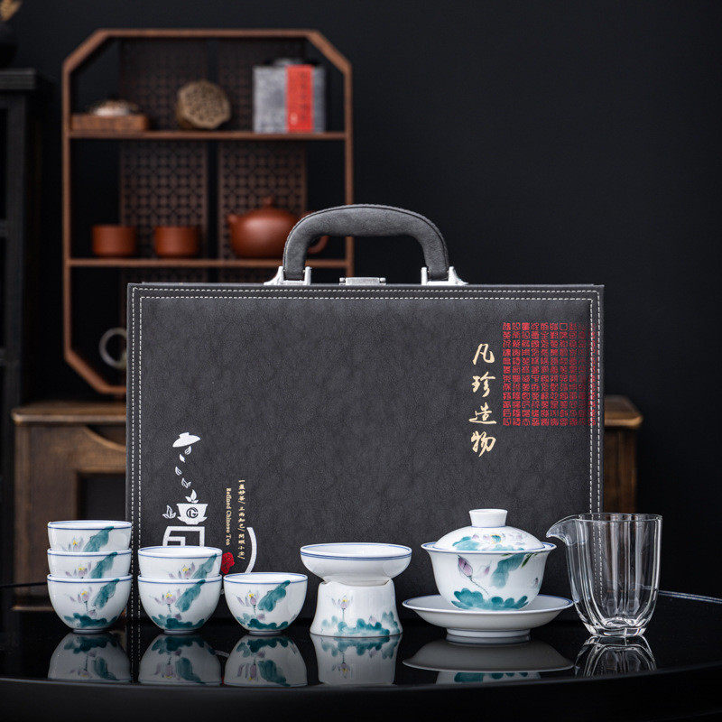 高档陶瓷茶具套装10头手绘家用瓷羊脂玉三才盖碗泡茶功夫茶具礼品