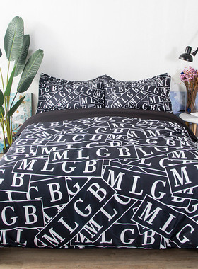 个性韩式男士学生用霸床上四件套磨毛床笠款黑色床单被套单双人学