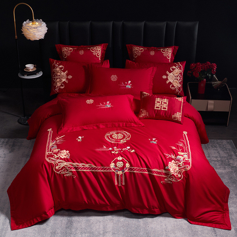 轻奢全棉红色结婚四件套婚庆床上用品家纺刺绣床单被套南通新中式