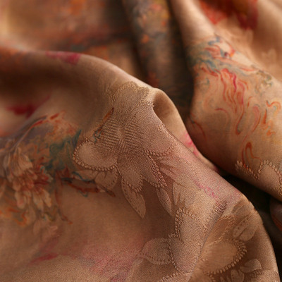 山海经非遗香云纱红云纱花萝面料桑蚕丝双面服装高档提花布料