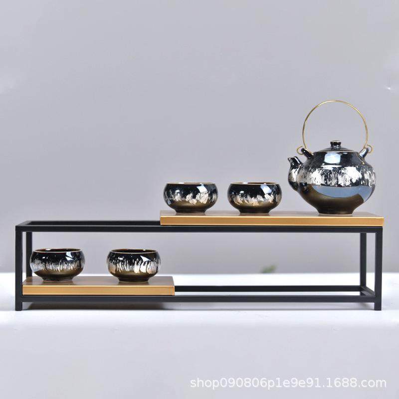 热销新中式茶室陶瓷茶具铁艺托盘套装摆件样板房家居客厅创意装饰