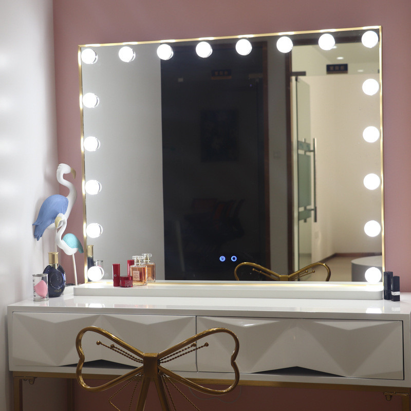 网红家用带灯梳妆镜子大号led补光镜桌面少女好莱坞灯泡化妆镜