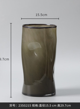 best west 茶绿色直筒按坑玻璃花瓶插轻奢高级感现代简约干花摆件