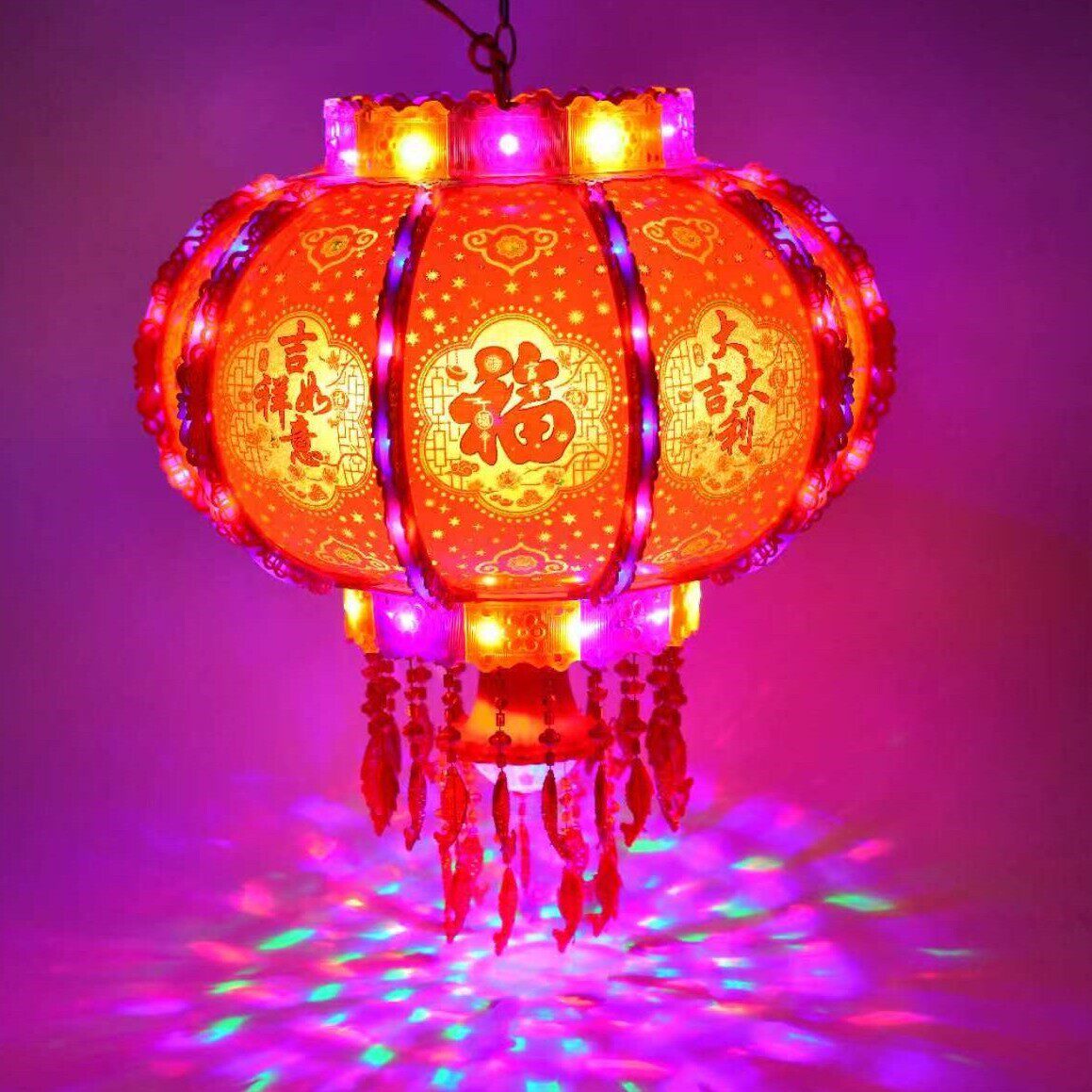 新款七彩旋转灯笼春节福字结婚走马灯乔迁阳台led大红灯笼