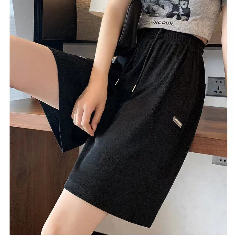 抽绳夏款冰丝五分短裤女士坑条休闲外穿运动女裤宽松直筒短裤高腰