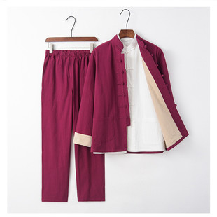 太极中国风亚麻秋季男套装棉麻冬季太极表演服比赛服加厚练功服