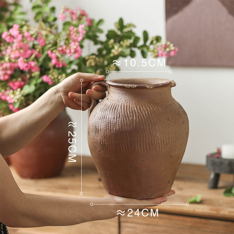 粗陶单耳手工陶瓷花瓶复古插花土陶罐子落地装饰陶瓷花瓶批发