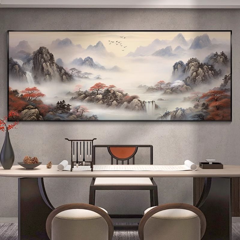 zy新中式背有靠山山水客厅装饰画沙发背景墙壁办公室挂画茶室大气