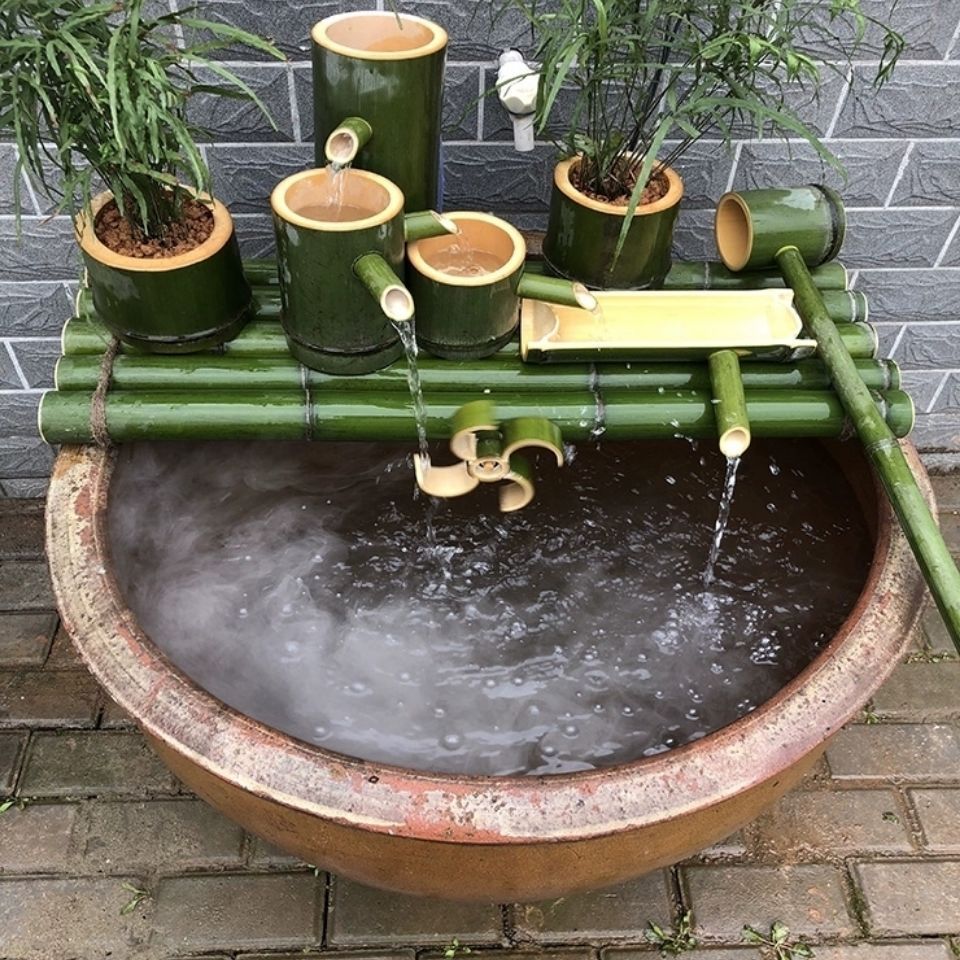 竹子流水器自动鱼缸陶瓷石槽循环流水喷泉竹筒增氧加湿过滤器彭锐