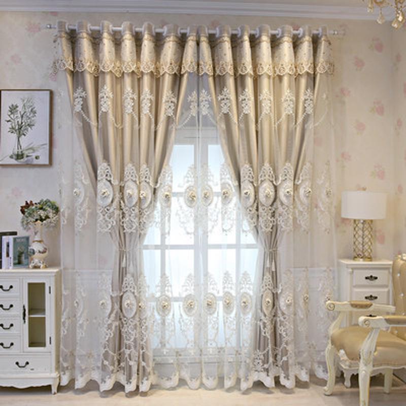 kbq1欧式简约现代浮雕纱一体遮光双层布绣花刺绣窗帘客厅卧室