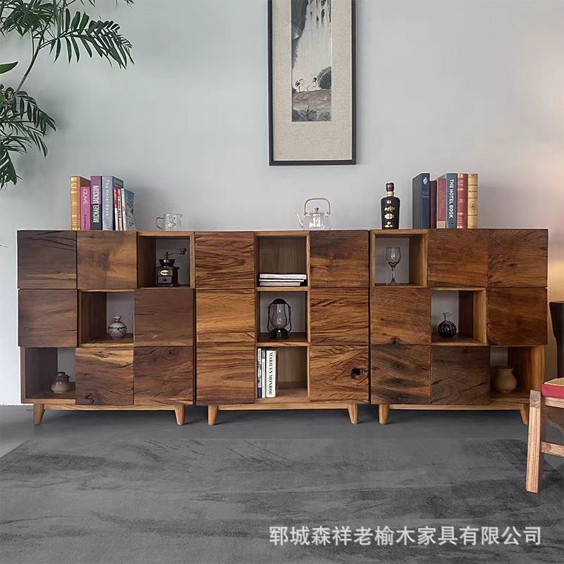 九宫格实木柜卧室抽屉收纳整理柜组合方玄关柜靠墙榆木储物柜子