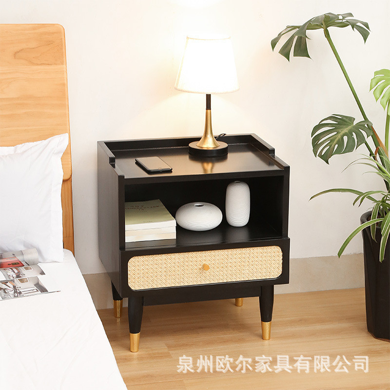 北欧实木床头柜简约现代小户型民宿藤编边柜家用卧室抽屉边角柜