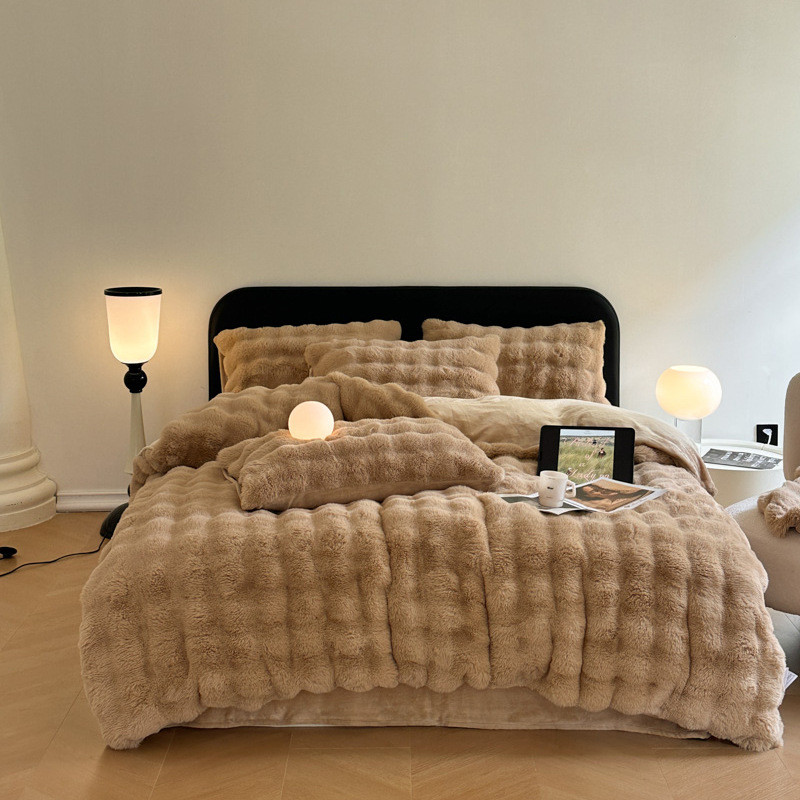 冬季双面绒床单式三件套高克重兔毛绒四件套冬天加绒加厚被套套件