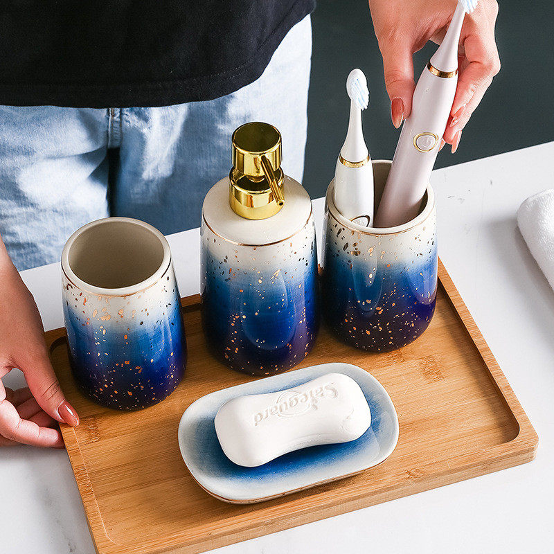 YST批发跨境星空喷金蓝色渐变陶瓷卫浴四件套卫生间漱口杯肥皂碟,家装主材,卫浴五金组合套装/挂件套餐,淘宝优惠券,粉丝福利购,淘宝优惠卷