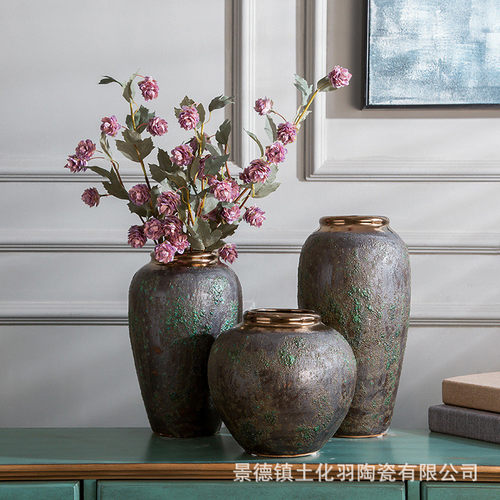 景德镇陶瓷器批发复古落地花瓶仿古粗釉花盆做旧绿陶罐花瓶摆件