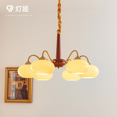 美式中古客厅吊灯法式轻奢卧室主灯餐厅柿子蜡烛简约实木灯具