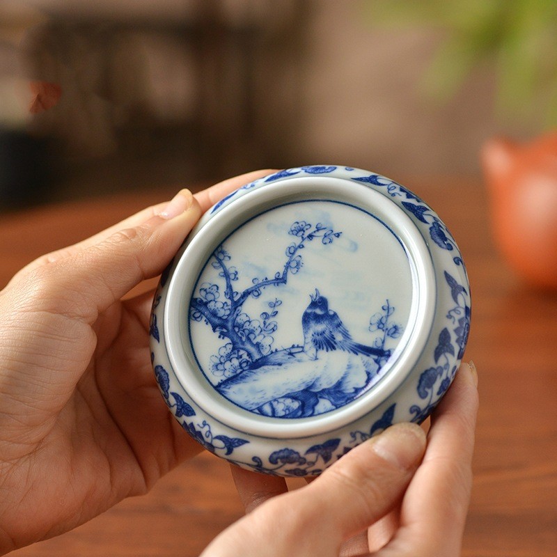 景德镇复古陶瓷花鸟盖置青花壶承中式茶杯垫紫砂壶盖托功夫茶配件