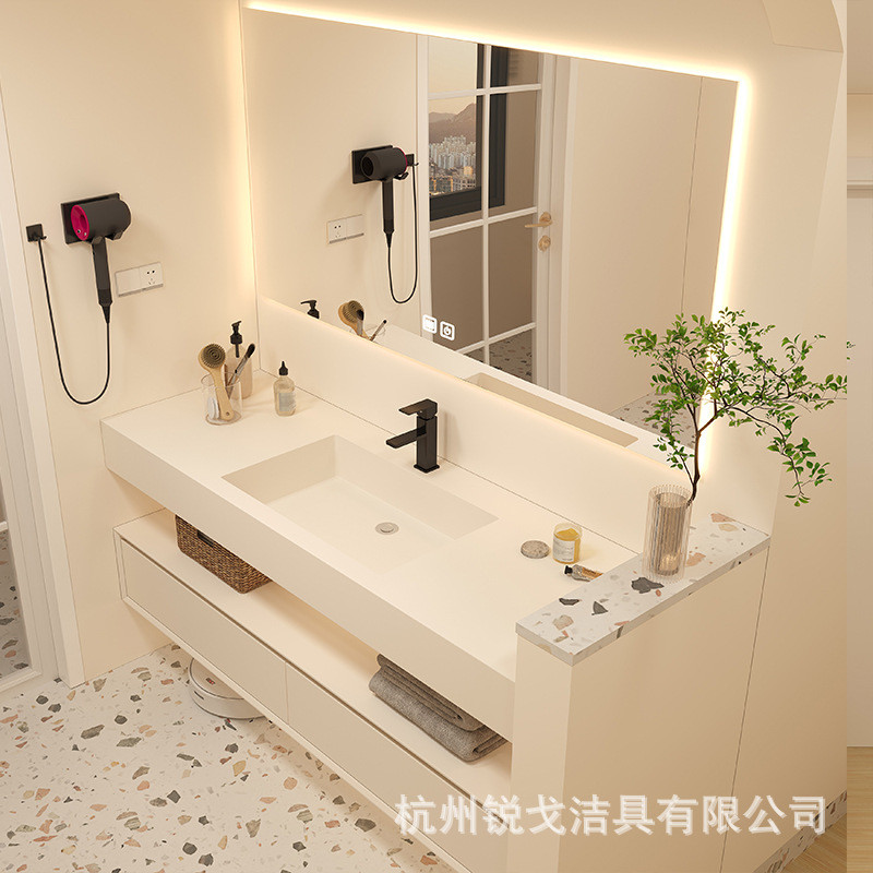 酒店风岩板一体盆洗脸浴室柜组合现代简约橡木洗手池卫生间洗漱台