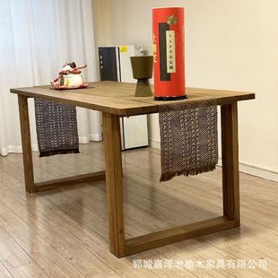 吧台桌茶桌复古实木书桌家用长方形长条餐桌原木老榆木面板电脑桌