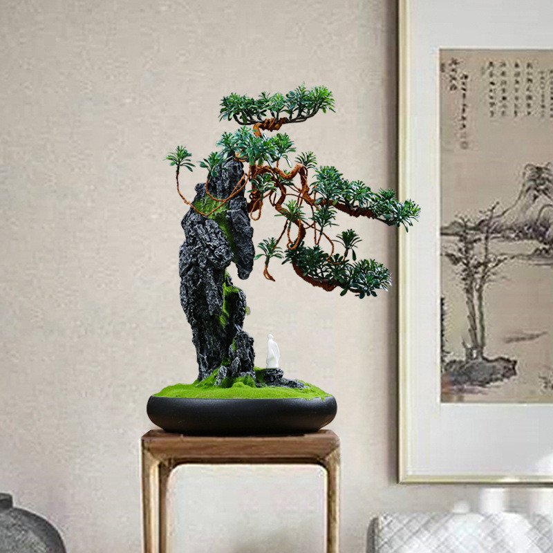 仿真迎客松盆景崖柏中式摆件客厅玄关办公室树脂工艺品禅意装饰品