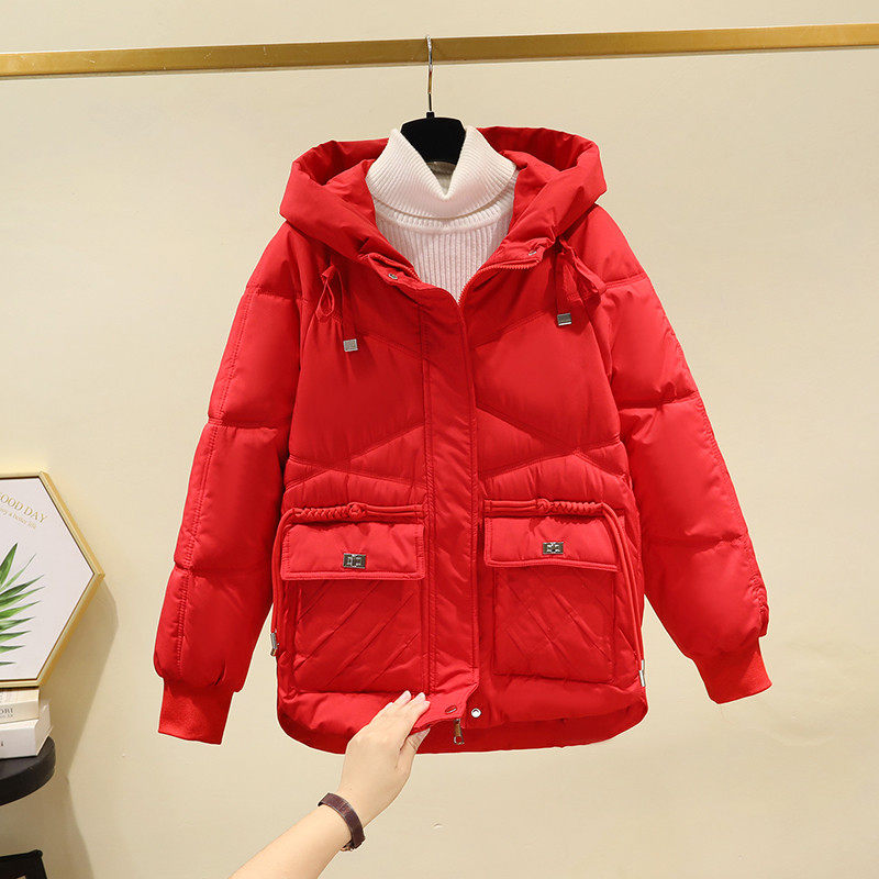羽绒棉服女短款2024新款小个子棉袄红色宽松棉衣连帽加厚冬季